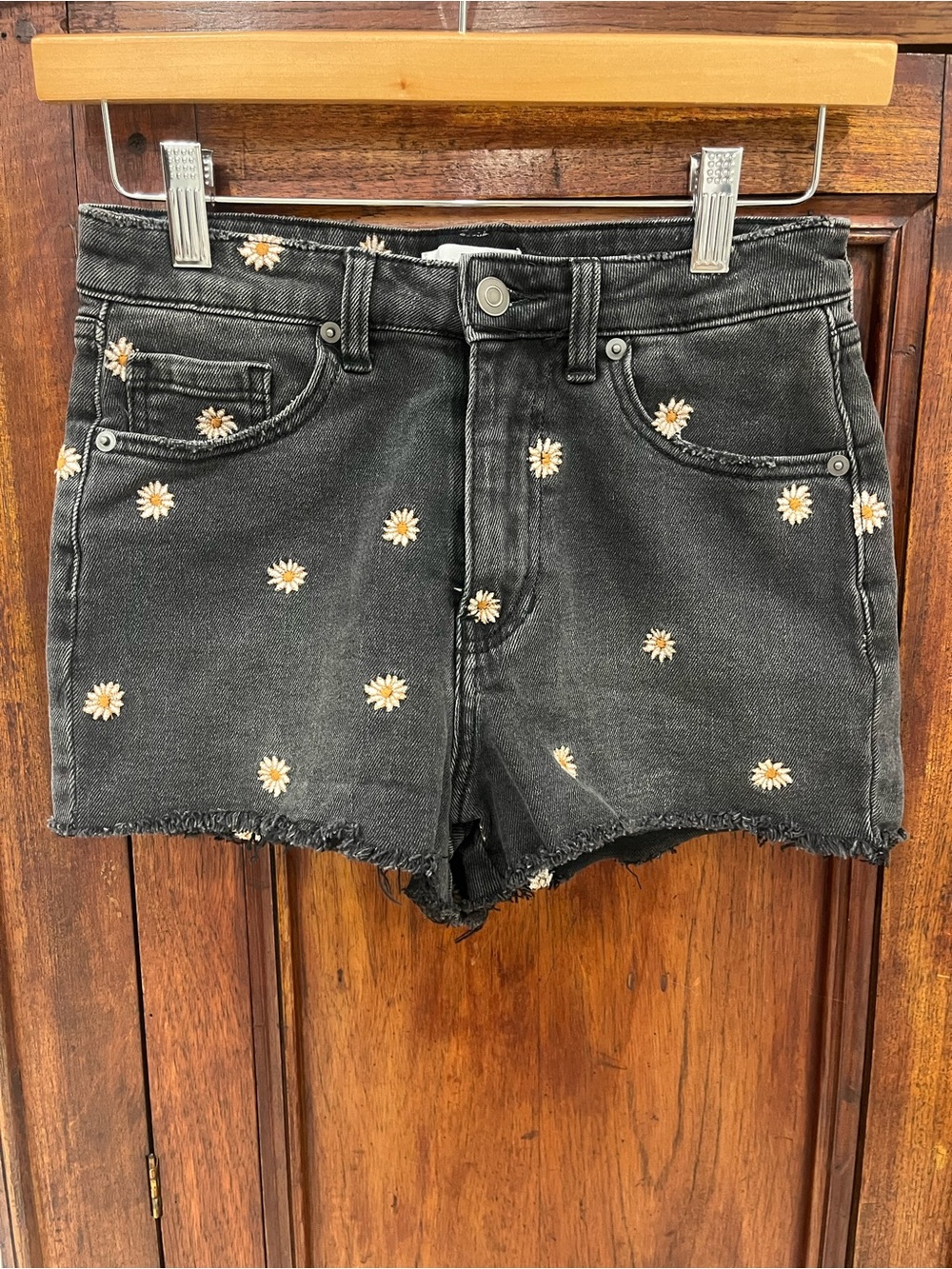 bp Black Denim Daisy Embroidered Shorts